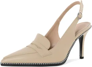 SAMMITOP Womens Slingback High Heel Pumps 3.5" Stiletto Pointed Toe Beaded Pumps Slip On Loafers Heels Elegant Dress Shoes