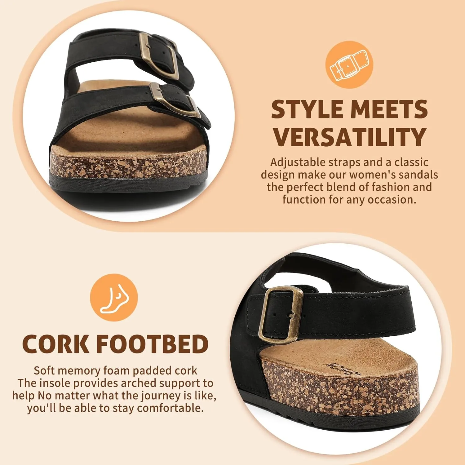 Sandals For Women With Soft Cork Footbed, Mens Slip On Clog Mules With Adjustable Double Buckle, Open Toe Flat Slide Shoes, Summer Outdoor Back Strap Slipper