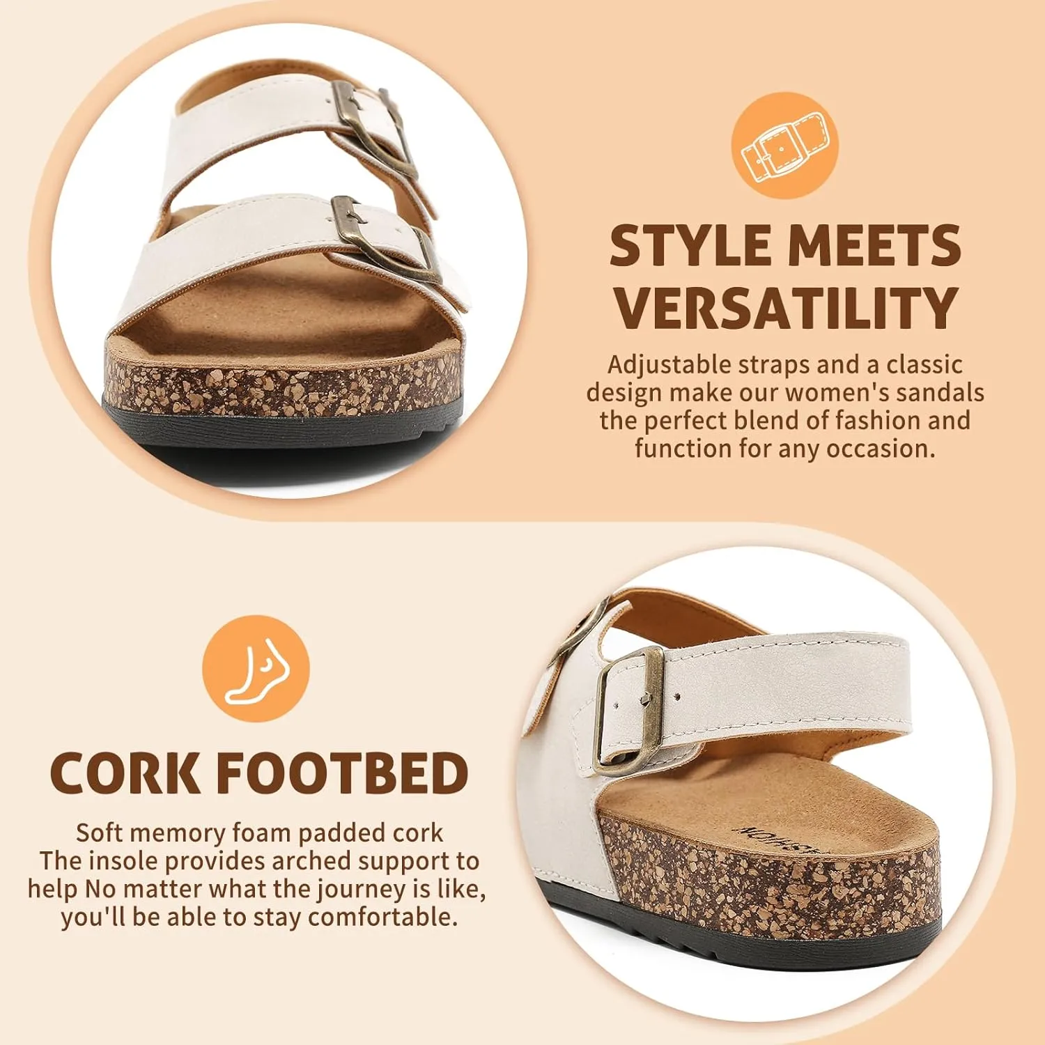 Sandals For Women With Soft Cork Footbed, Mens Slip On Clog Mules With Adjustable Double Buckle, Open Toe Flat Slide Shoes, Summer Outdoor Back Strap Slipper