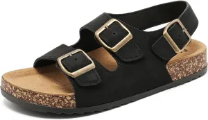 Sandals For Women With Soft Cork Footbed, Mens Slip On Clog Mules With Adjustable Double Buckle, Open Toe Flat Slide Shoes, Summer Outdoor Back Strap Slipper
