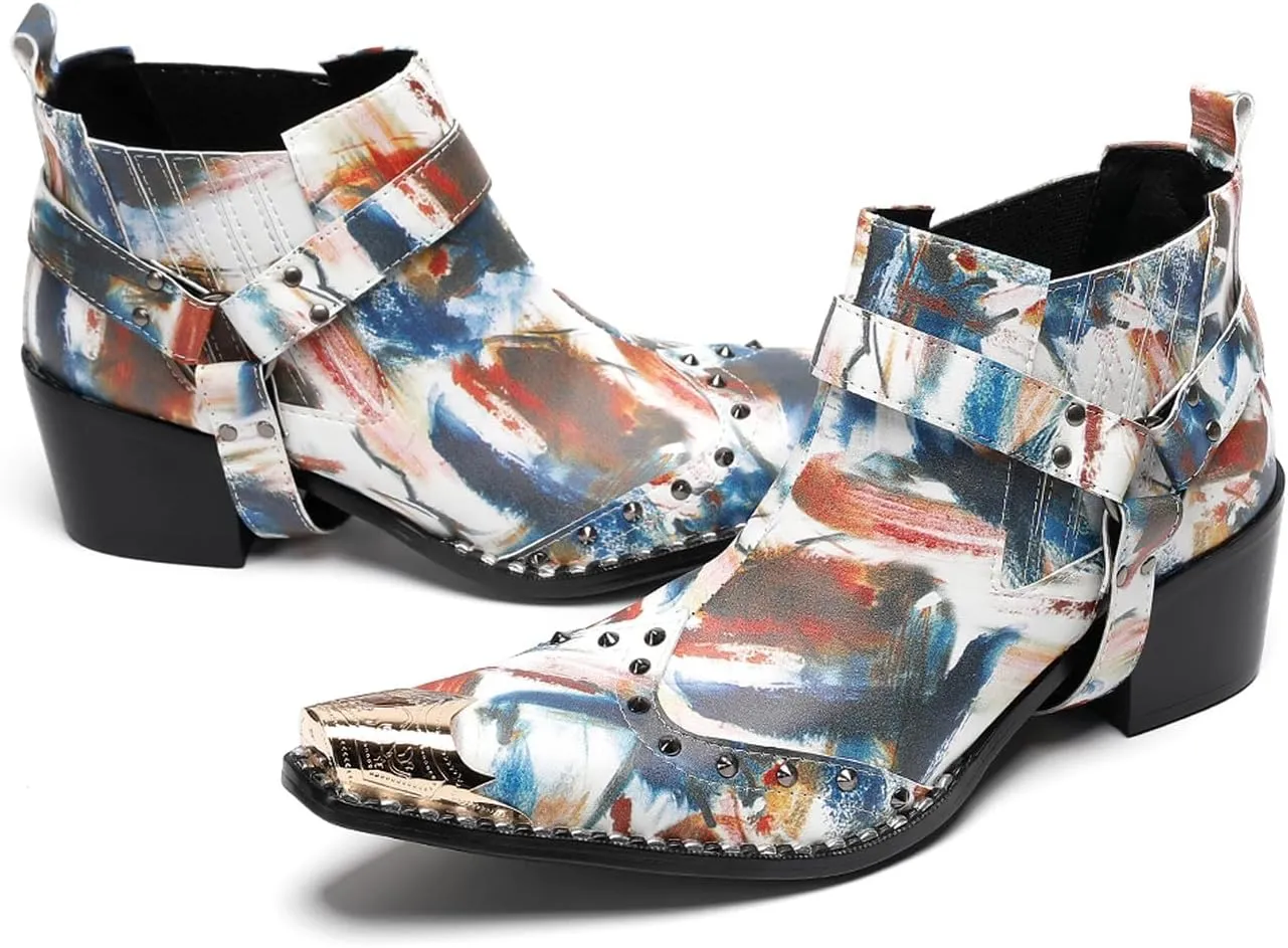 Santimon Chelsea Boots White Dress for Men Prom Casual Genuine Leather Pull Up Belt Buckle Metal Tip Ankle Boots Mens Fashion Tuxedo Wedding Ballroom Party Disco Western Cowboy Boots for Men