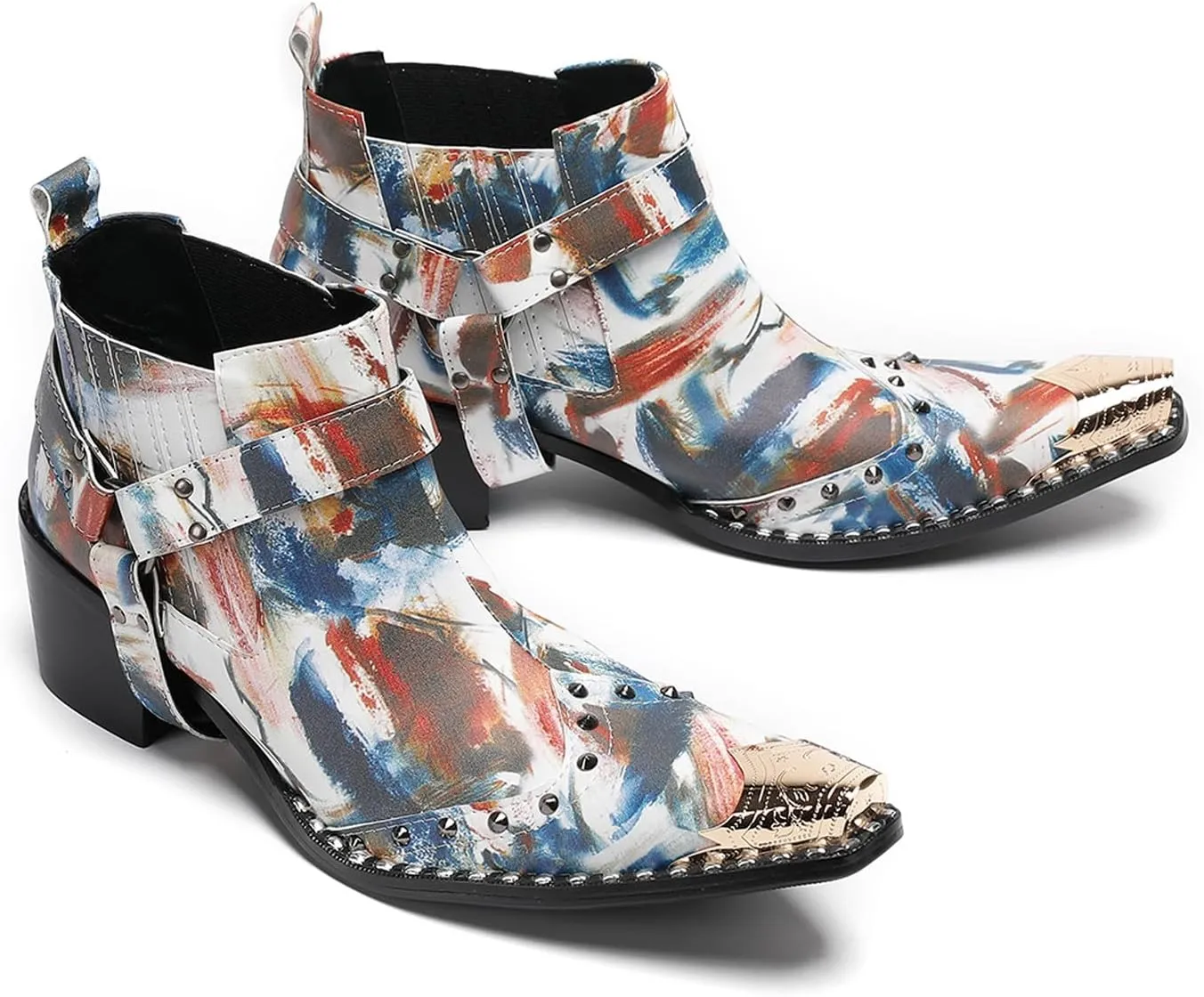 Santimon Chelsea Boots White Dress for Men Prom Casual Genuine Leather Pull Up Belt Buckle Metal Tip Ankle Boots Mens Fashion Tuxedo Wedding Ballroom Party Disco Western Cowboy Boots for Men