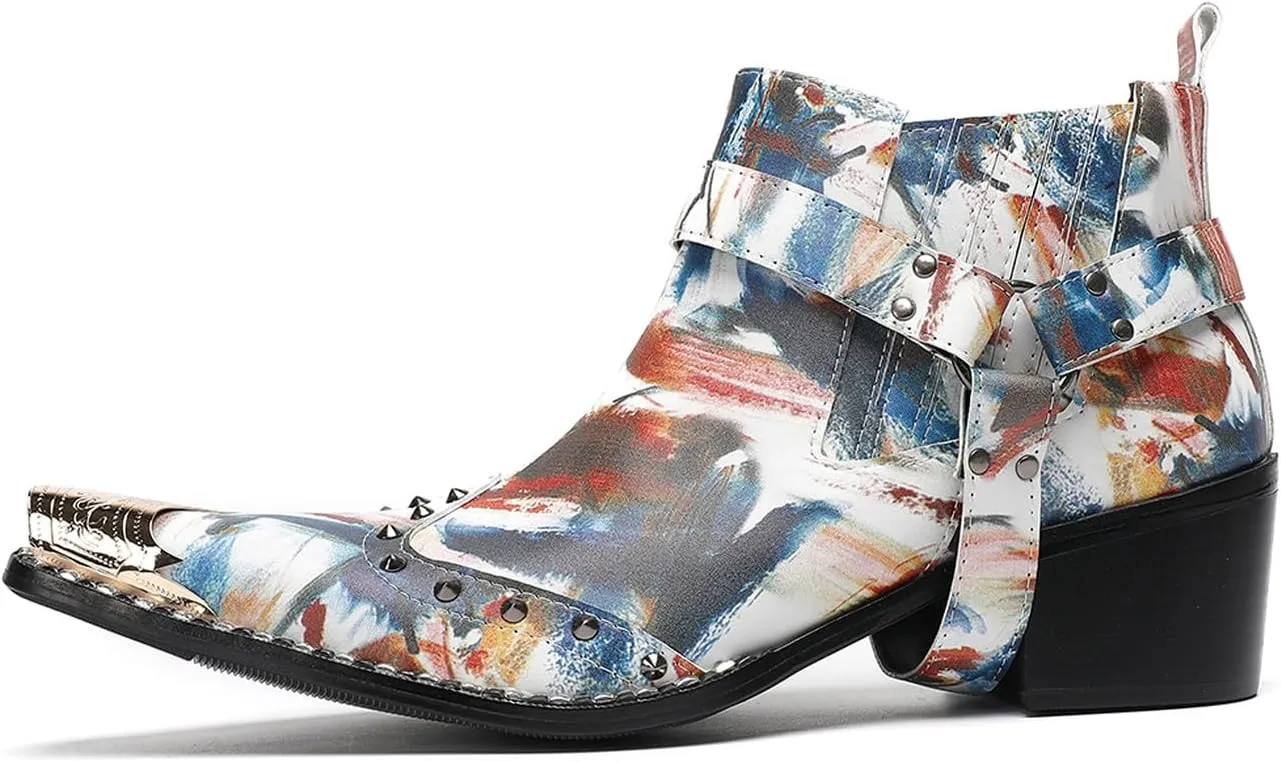 Santimon Chelsea Boots White Dress for Men Prom Casual Genuine Leather Pull Up Belt Buckle Metal Tip Ankle Boots Mens Fashion Tuxedo Wedding Ballroom Party Disco Western Cowboy Boots for Men