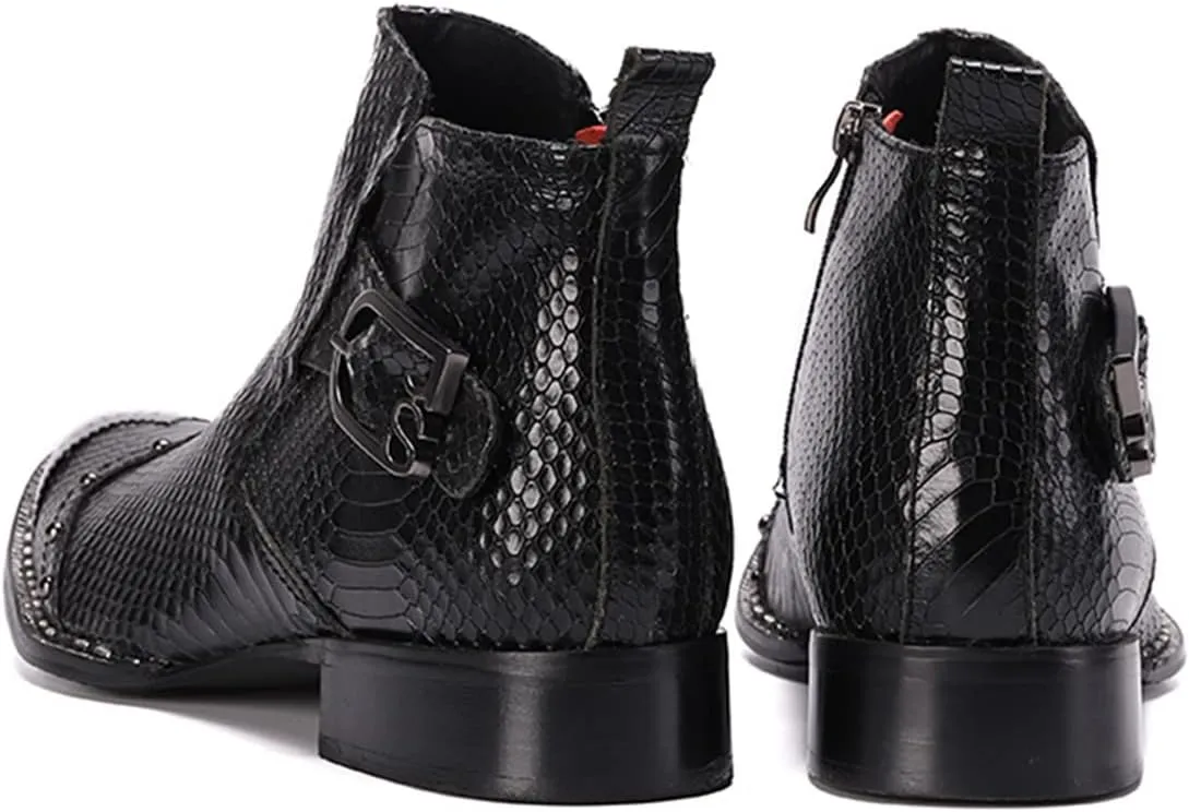 Santimon Men's Ankle Chelsea Boots Dress Casual Retro Snakeskin Texure Metal Pointed Toe Cowboy Boots Genuine Leather Fashion Tuxedo Wedding Prom Disco Singer Party Singer Western Boots for Men