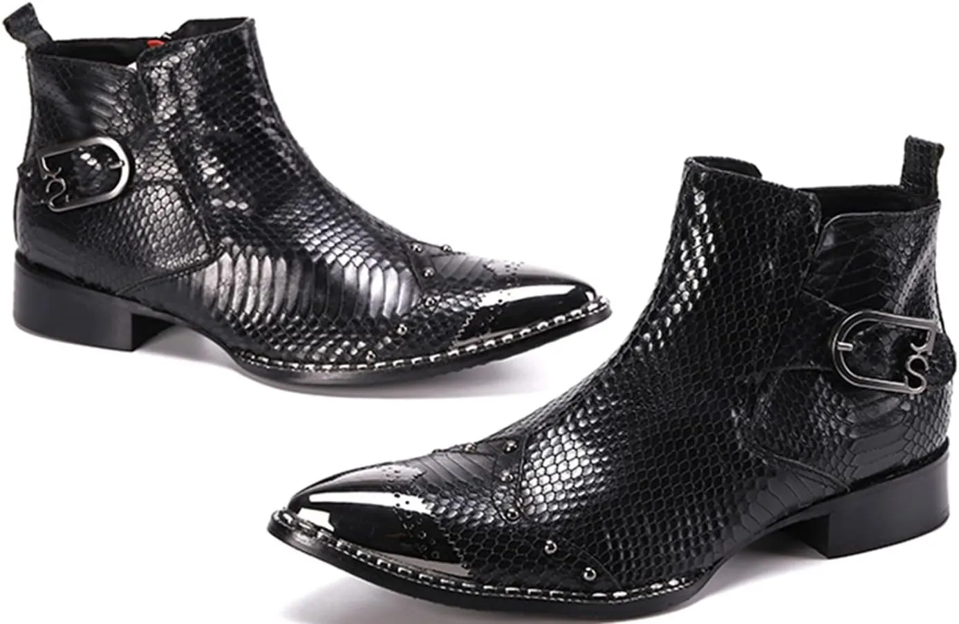 Santimon Men's Ankle Chelsea Boots Dress Casual Retro Snakeskin Texure Metal Pointed Toe Cowboy Boots Genuine Leather Fashion Tuxedo Wedding Prom Disco Singer Party Singer Western Boots for Men