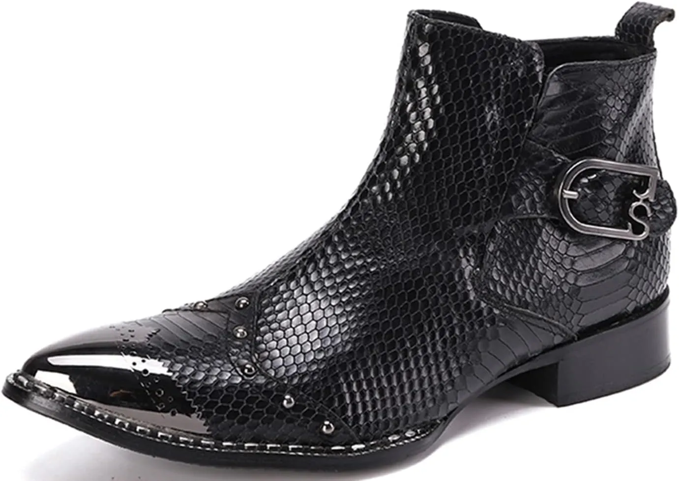 Santimon Men's Ankle Chelsea Boots Dress Casual Retro Snakeskin Texure Metal Pointed Toe Cowboy Boots Genuine Leather Fashion Tuxedo Wedding Prom Disco Singer Party Singer Western Boots for Men