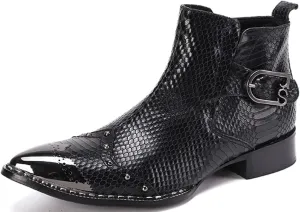 Santimon Men's Ankle Chelsea Boots Dress Casual Retro Snakeskin Texure Metal Pointed Toe Cowboy Boots Genuine Leather Fashion Tuxedo Wedding Prom Disco Singer Party Singer Western Boots for Men