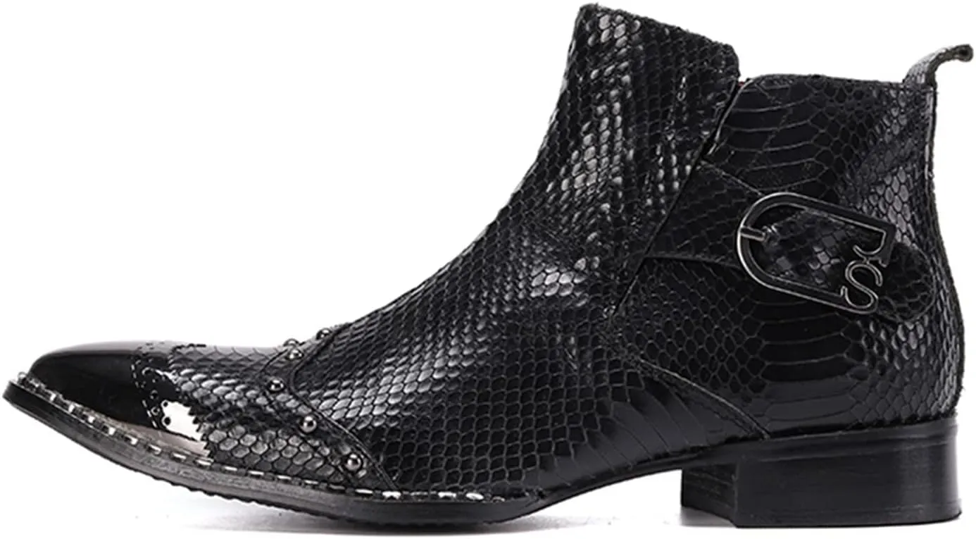 Santimon Men's Ankle Chelsea Boots Dress Casual Retro Snakeskin Texure Metal Pointed Toe Cowboy Boots Genuine Leather Fashion Tuxedo Wedding Prom Disco Singer Party Singer Western Boots for Men
