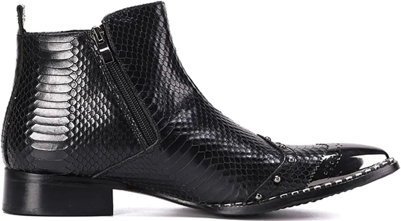 Santimon Men's Ankle Chelsea Boots Dress Casual Retro Snakeskin Texure Metal Pointed Toe Cowboy Boots Genuine Leather Fashion Tuxedo Wedding Prom Disco Singer Party Singer Western Boots for Men