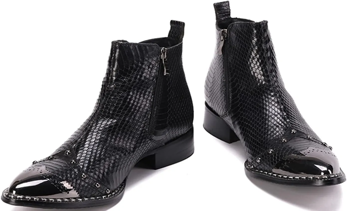 Santimon Men's Ankle Chelsea Boots Dress Casual Retro Snakeskin Texure Metal Pointed Toe Cowboy Boots Genuine Leather Fashion Tuxedo Wedding Prom Disco Singer Party Singer Western Boots for Men
