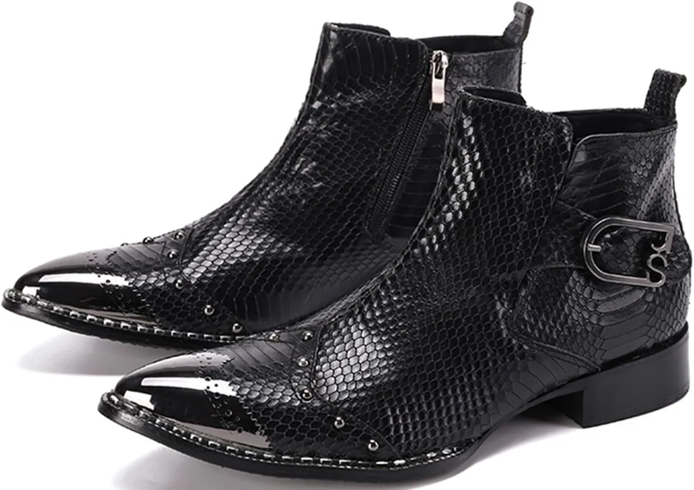 Santimon Men's Ankle Chelsea Boots Dress Casual Retro Snakeskin Texure Metal Pointed Toe Cowboy Boots Genuine Leather Fashion Tuxedo Wedding Prom Disco Singer Party Singer Western Boots for Men