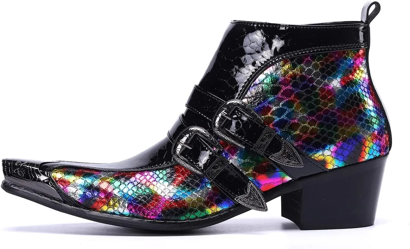 Santimon Men's Chelsea Boots - Genuine Leather Western Ankle Boots with Metal Tip-Toe, Zipper & Buckle - Two-Tone Dress & Casual Boots for Party, Disco & Singer