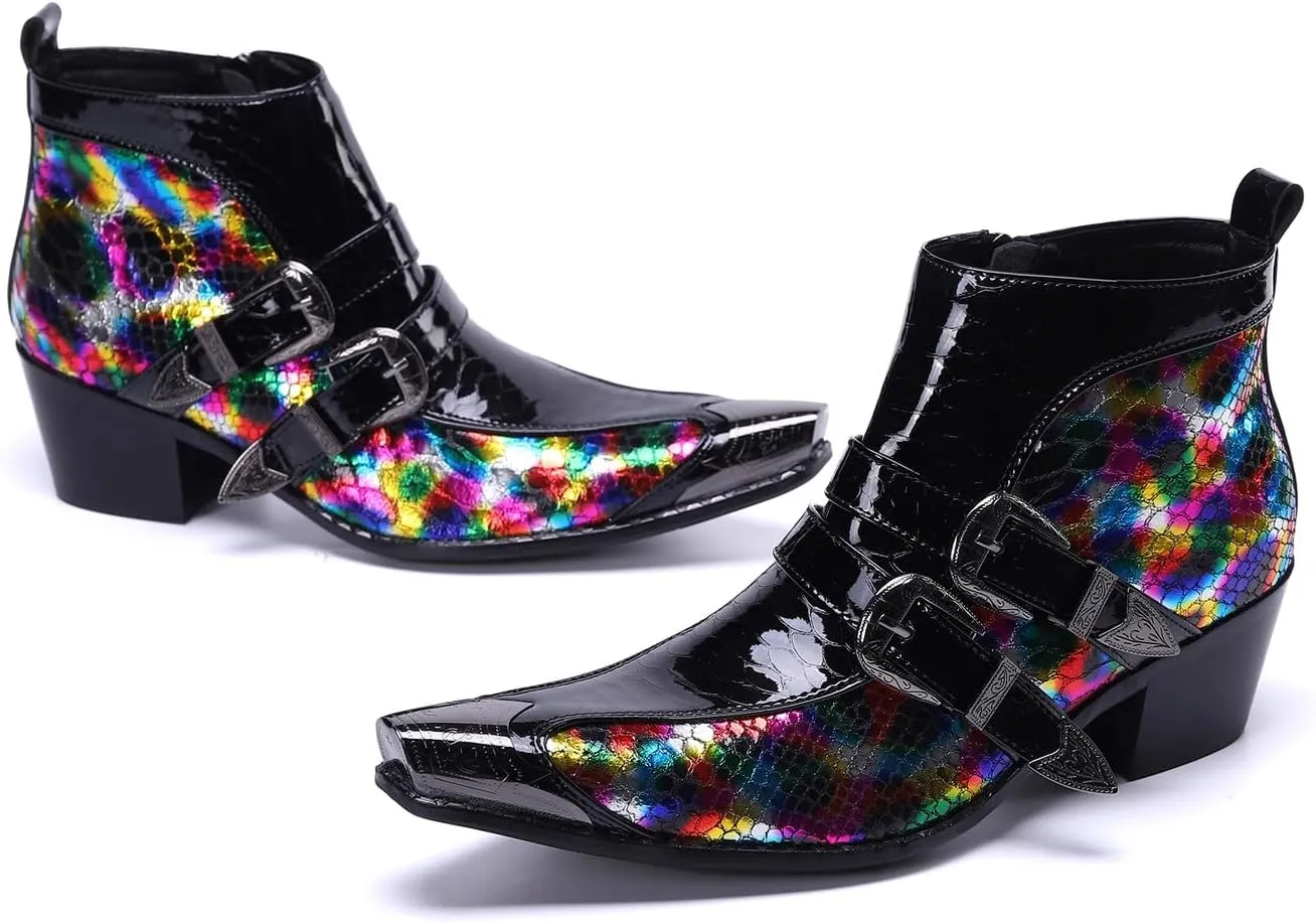 Santimon Men's Chelsea Boots - Genuine Leather Western Ankle Boots with Metal Tip-Toe, Zipper & Buckle - Two-Tone Dress & Casual Boots for Party, Disco & Singer