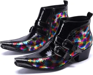 Santimon Men's Chelsea Boots - Genuine Leather Western Ankle Boots with Metal Tip-Toe, Zipper & Buckle - Two-Tone Dress & Casual Boots for Party, Disco & Singer