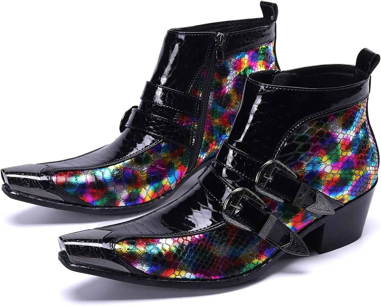 Santimon Men's Chelsea Boots - Genuine Leather Western Ankle Boots with Metal Tip-Toe, Zipper & Buckle - Two-Tone Dress & Casual Boots for Party, Disco & Singer