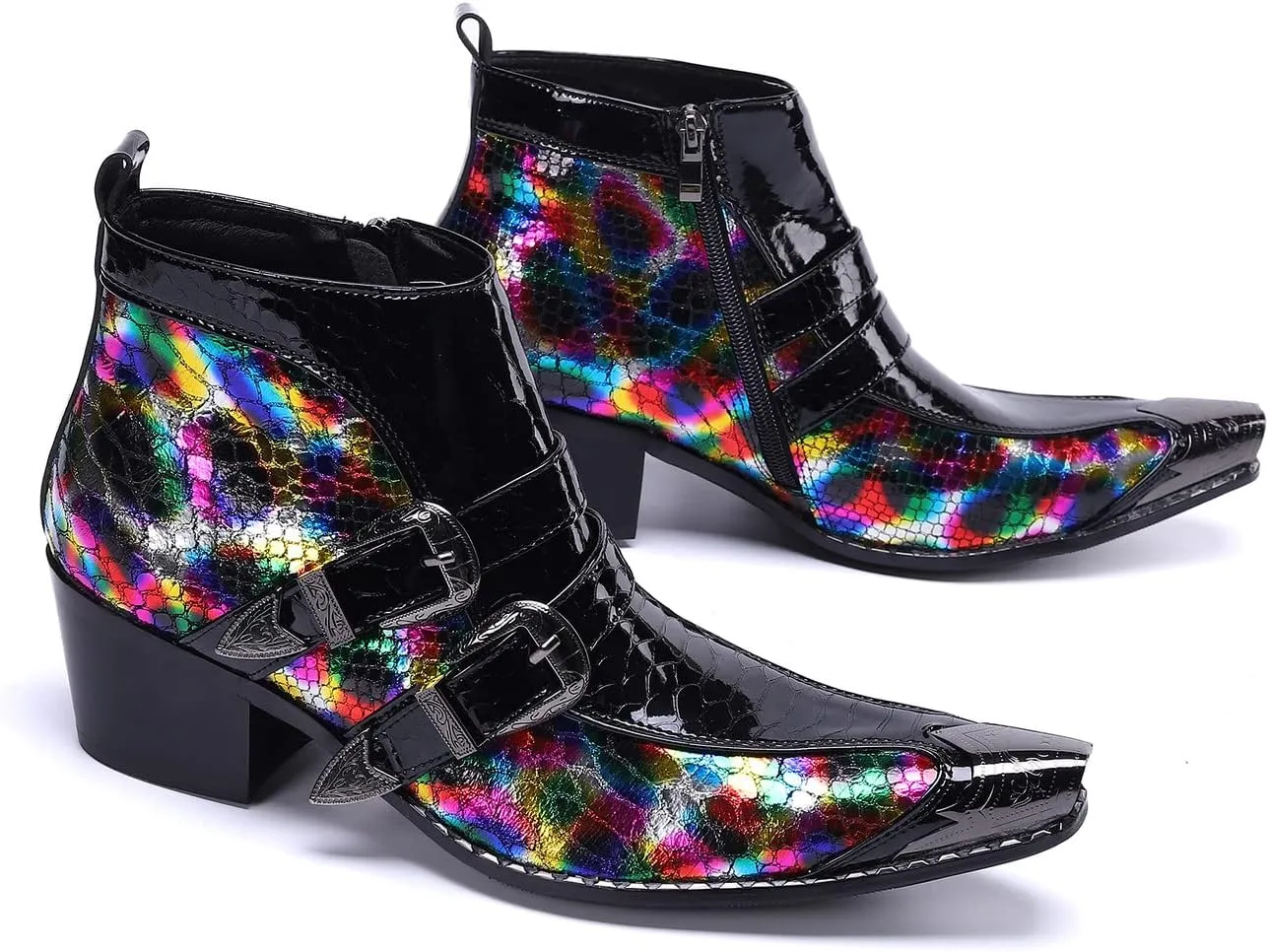 Santimon Men's Chelsea Boots - Genuine Leather Western Ankle Boots with Metal Tip-Toe, Zipper & Buckle - Two-Tone Dress & Casual Boots for Party, Disco & Singer