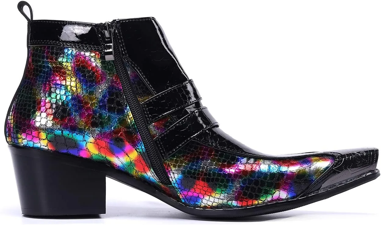 Santimon Men's Chelsea Boots - Genuine Leather Western Ankle Boots with Metal Tip-Toe, Zipper & Buckle - Two-Tone Dress & Casual Boots for Party, Disco & Singer