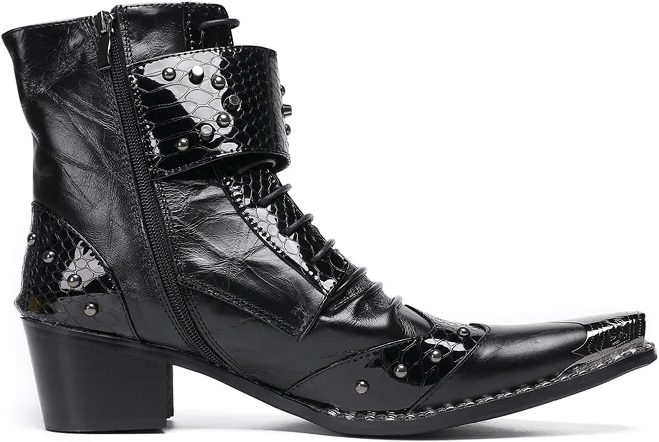 Santimon Men's Genuine Leather Cowboy Boots – Western Dress Boots with Metal Wingtip Toe & Buckle/Bead Details | Mid-Top Boots for Casual, Party & Motorcycle Wear | Rock, Prom & Ballroom Style