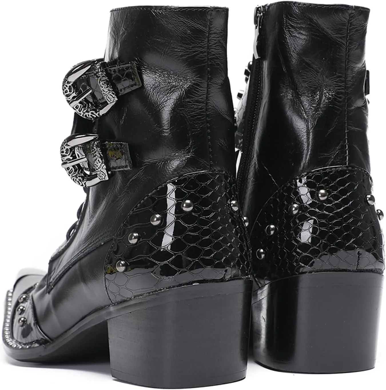 Santimon Men's Genuine Leather Cowboy Boots – Western Dress Boots with Metal Wingtip Toe & Buckle/Bead Details | Mid-Top Boots for Casual, Party & Motorcycle Wear | Rock, Prom & Ballroom Style