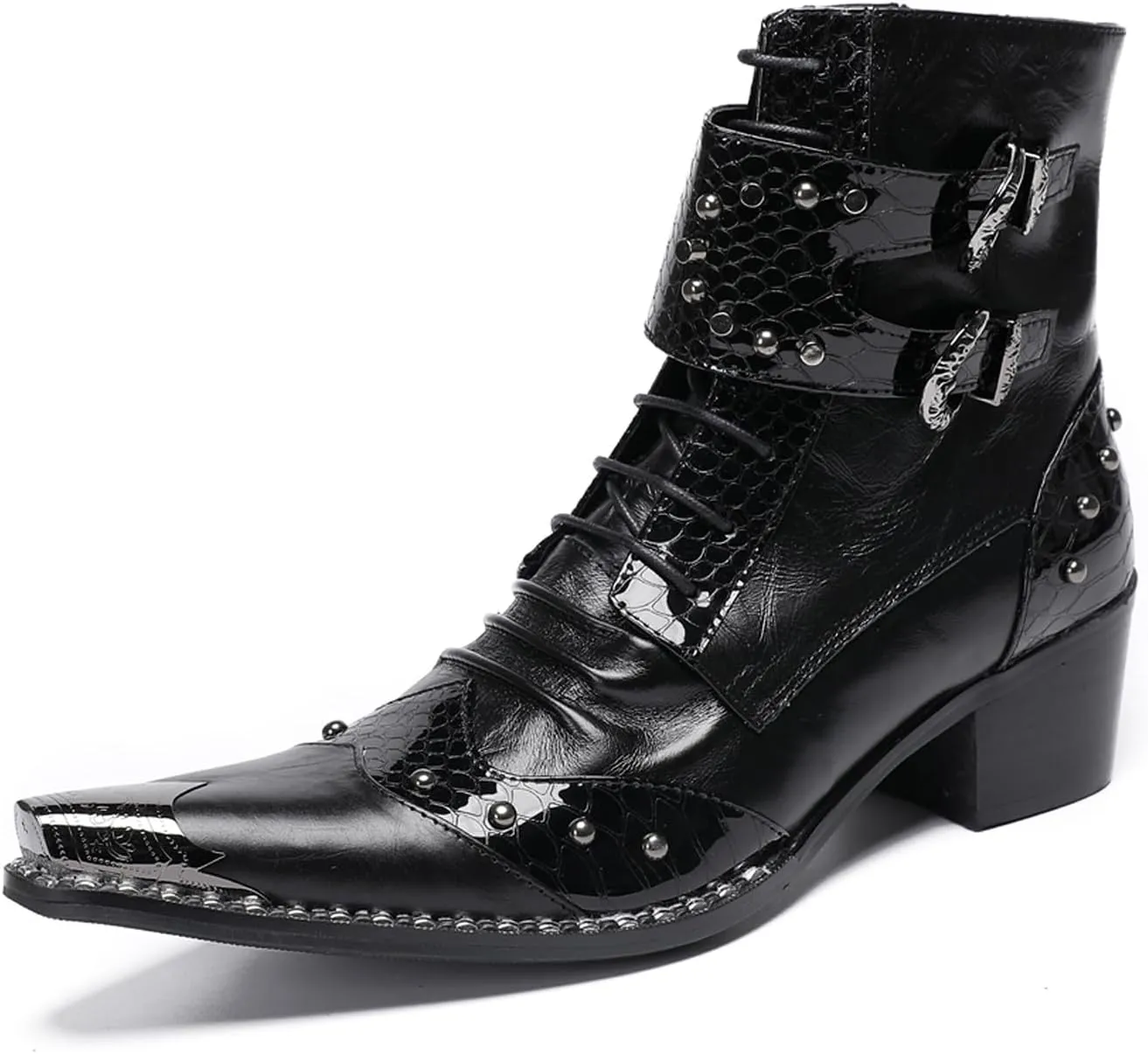Santimon Men's Genuine Leather Cowboy Boots – Western Dress Boots with Metal Wingtip Toe & Buckle/Bead Details | Mid-Top Boots for Casual, Party & Motorcycle Wear | Rock, Prom & Ballroom Style