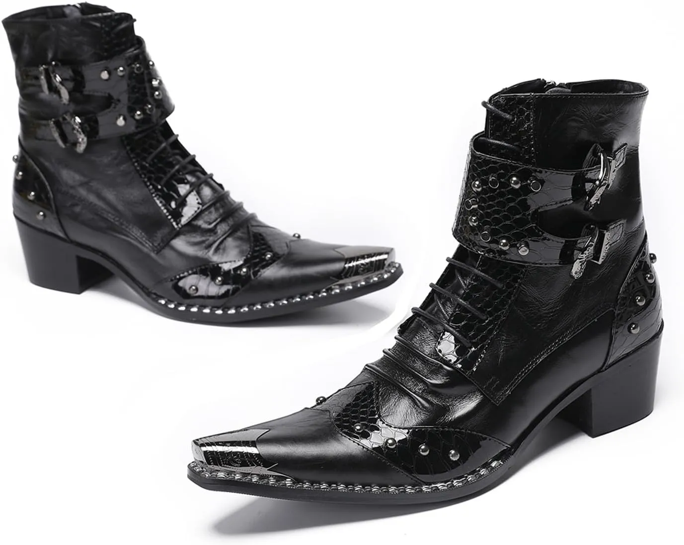 Santimon Men's Genuine Leather Cowboy Boots – Western Dress Boots with Metal Wingtip Toe & Buckle/Bead Details | Mid-Top Boots for Casual, Party & Motorcycle Wear | Rock, Prom & Ballroom Style