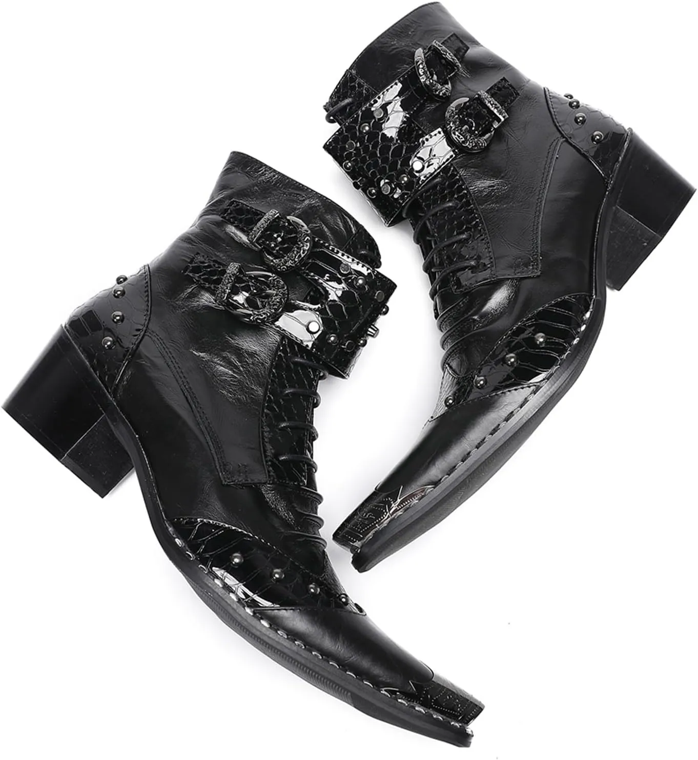 Santimon Men's Genuine Leather Cowboy Boots – Western Dress Boots with Metal Wingtip Toe & Buckle/Bead Details | Mid-Top Boots for Casual, Party & Motorcycle Wear | Rock, Prom & Ballroom Style