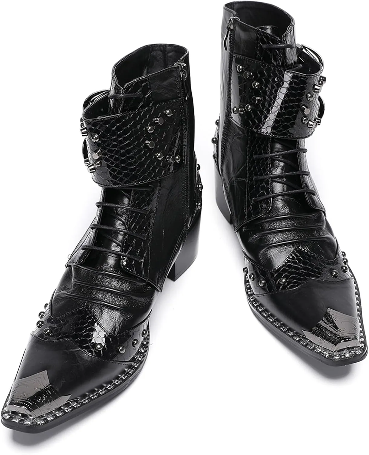 Santimon Men's Genuine Leather Cowboy Boots – Western Dress Boots with Metal Wingtip Toe & Buckle/Bead Details | Mid-Top Boots for Casual, Party & Motorcycle Wear | Rock, Prom & Ballroom Style