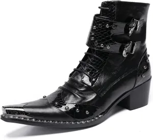 Santimon Men's Genuine Leather Cowboy Boots – Western Dress Boots with Metal Wingtip Toe & Buckle/Bead Details | Mid-Top Boots for Casual, Party & Motorcycle Wear | Rock, Prom & Ballroom Style