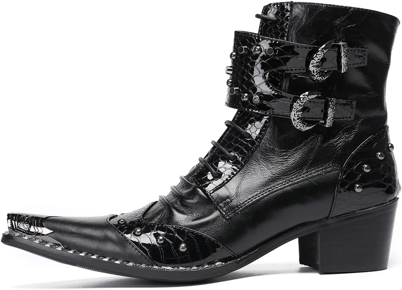 Santimon Men's Genuine Leather Cowboy Boots – Western Dress Boots with Metal Wingtip Toe & Buckle/Bead Details | Mid-Top Boots for Casual, Party & Motorcycle Wear | Rock, Prom & Ballroom Style
