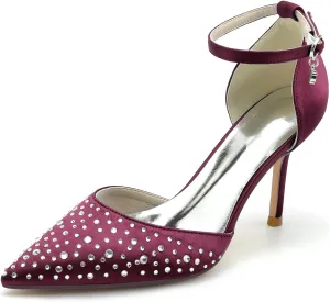 Satin Beaded Wedding Heel Women Pointed Toe Closed Toe Stiletto Heels Ankle Buckle Strap Comfortable Bridal Heeled Pumps Sandal Prom Party Dress Shoes