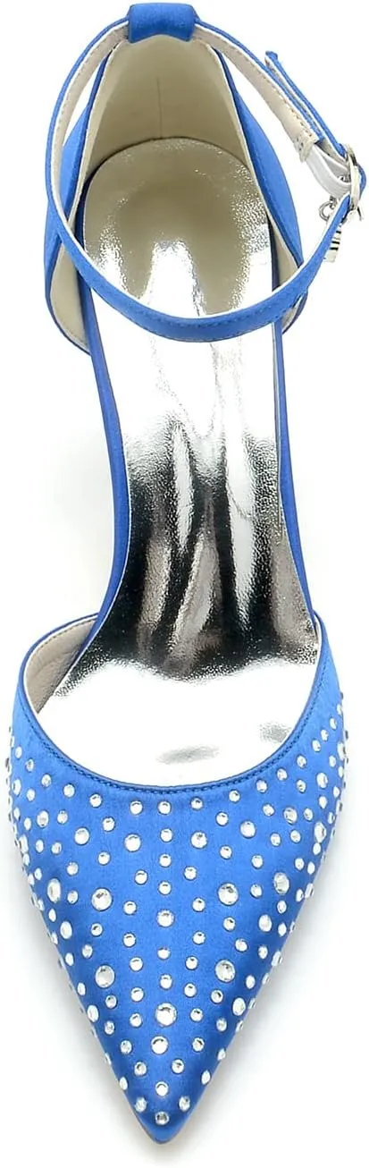 Satin Beaded Wedding Heel Women Pointed Toe Closed Toe Stiletto Heels Ankle Buckle Strap Comfortable Bridal Heeled Pumps Sandal Prom Party Dress Shoes