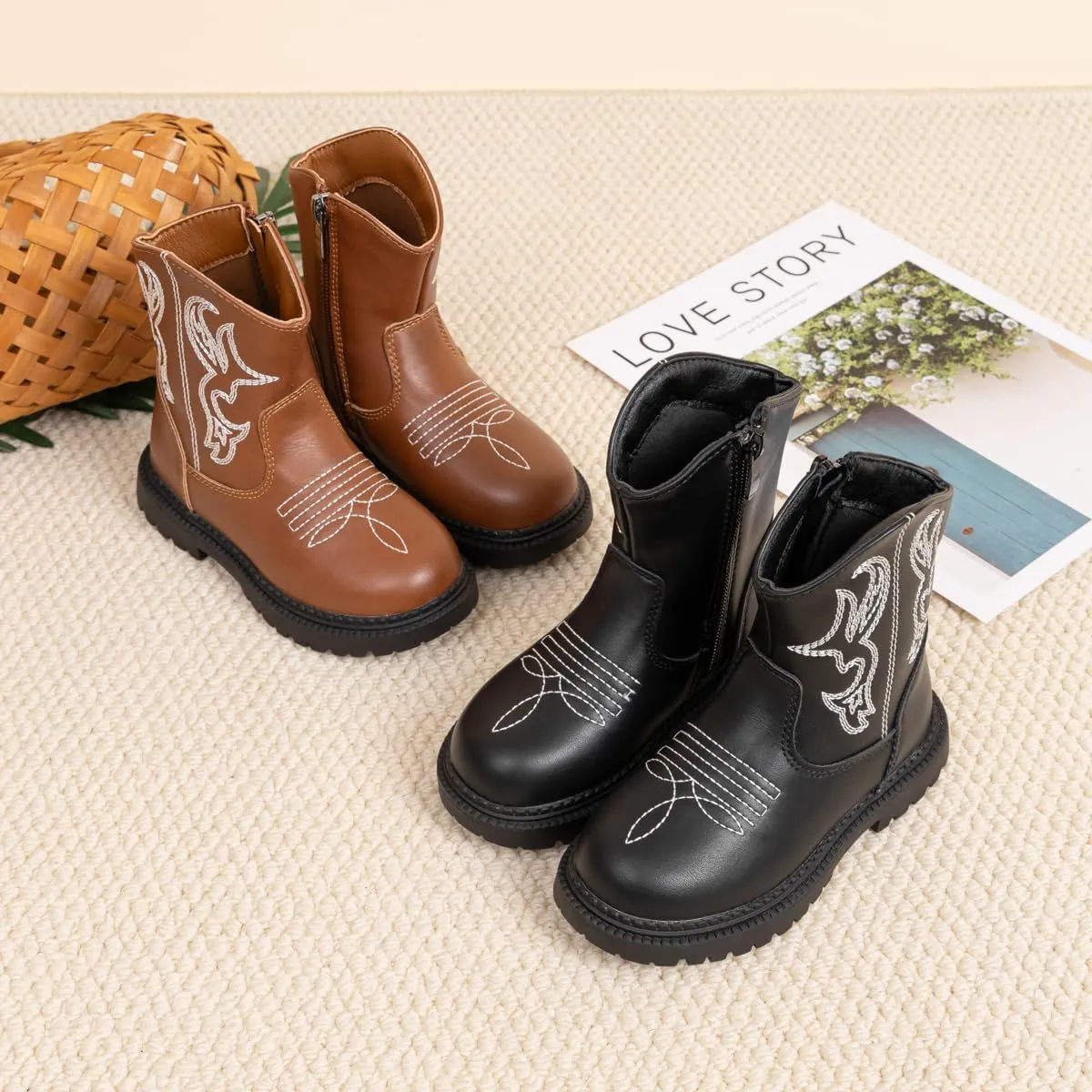 Sawimlgy Toddler Boys Girls Classic Hiking Boots PU Leather Outdoor Four Seasons Ankle Sneaker High Top Durable Rubber Sole Casual Shoes