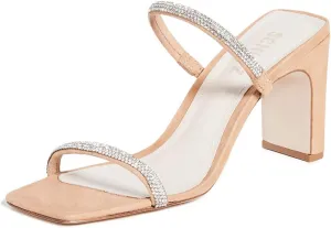 SCHUTZ Salwa Black Suede Rhinestone Open Toe Thin Strap Mid Heel Mule Sandals, 10