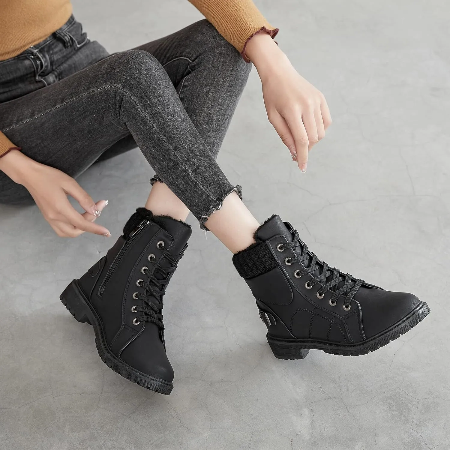 SERNIAL Womens Winter Snow Boots Fur Lined Ankle Boots White Black Side Zipper Booties