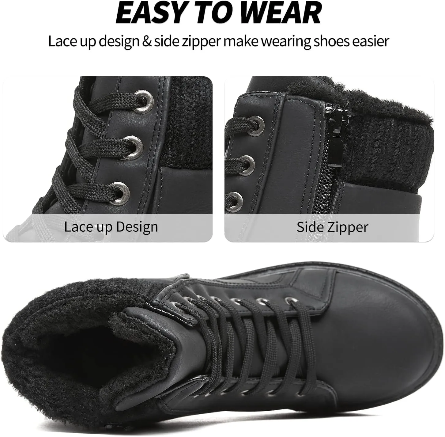 SERNIAL Womens Winter Snow Boots Fur Lined Ankle Boots White Black Side Zipper Booties