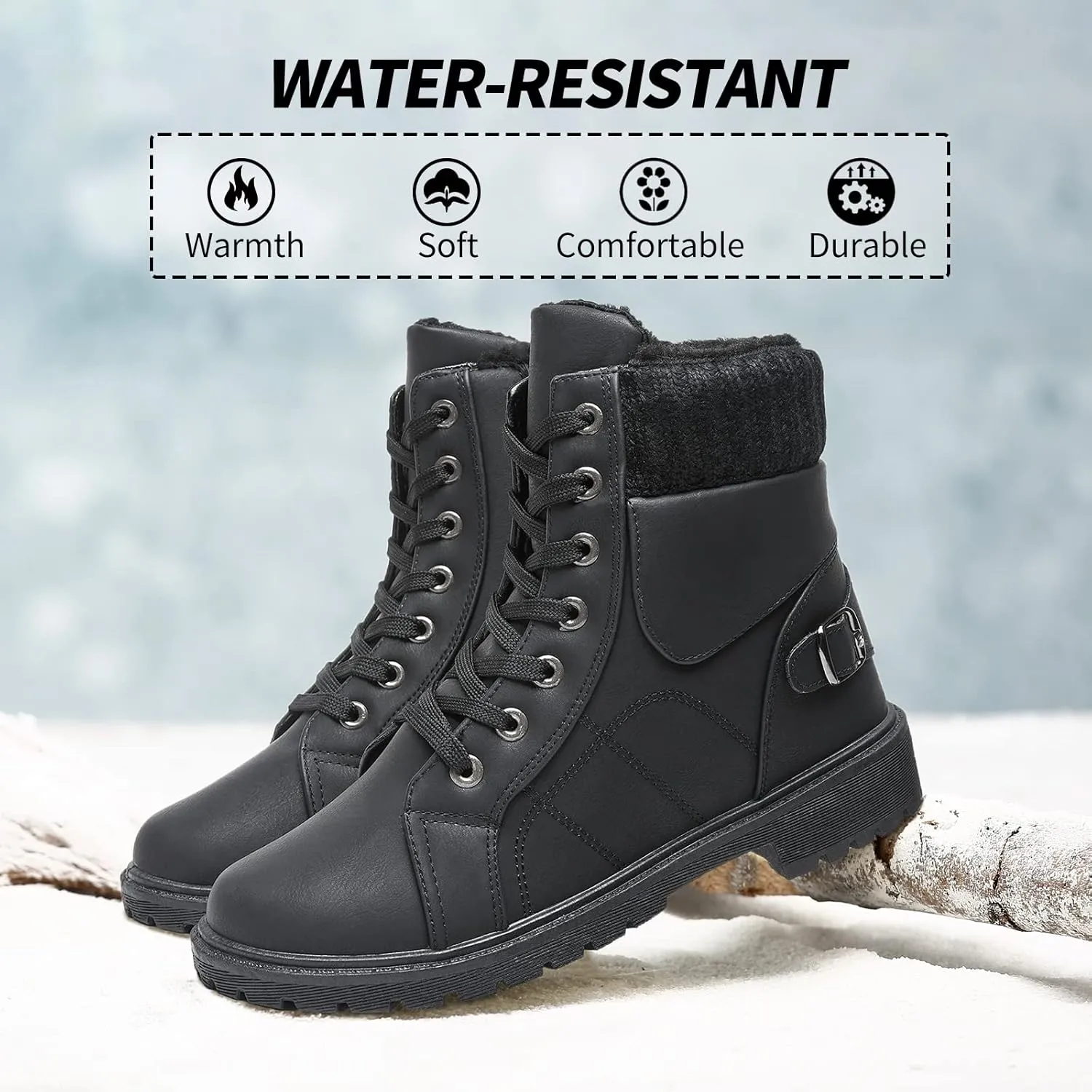 SERNIAL Womens Winter Snow Boots Fur Lined Ankle Boots White Black Side Zipper Booties