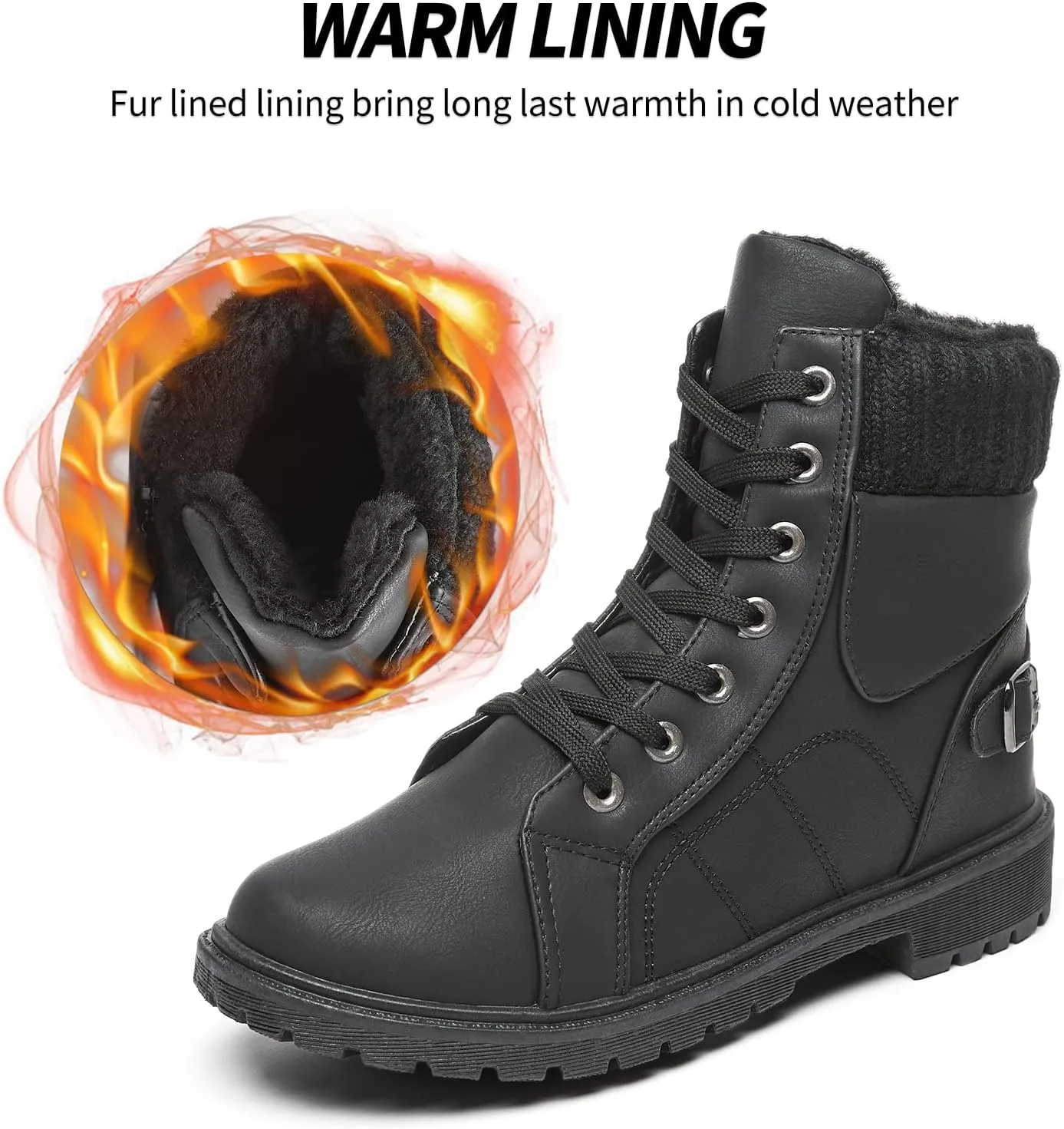 SERNIAL Womens Winter Snow Boots Fur Lined Ankle Boots White Black Side Zipper Booties