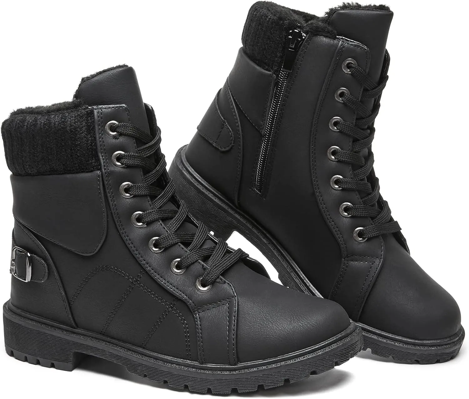 SERNIAL Womens Winter Snow Boots Fur Lined Ankle Boots White Black Side Zipper Booties