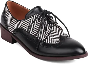 SHEMEE Women's Two Tone Oxfords Saddle Shoes Vintage Perforated Wingtip Brogues Laced Chunky Low Heels Pumps