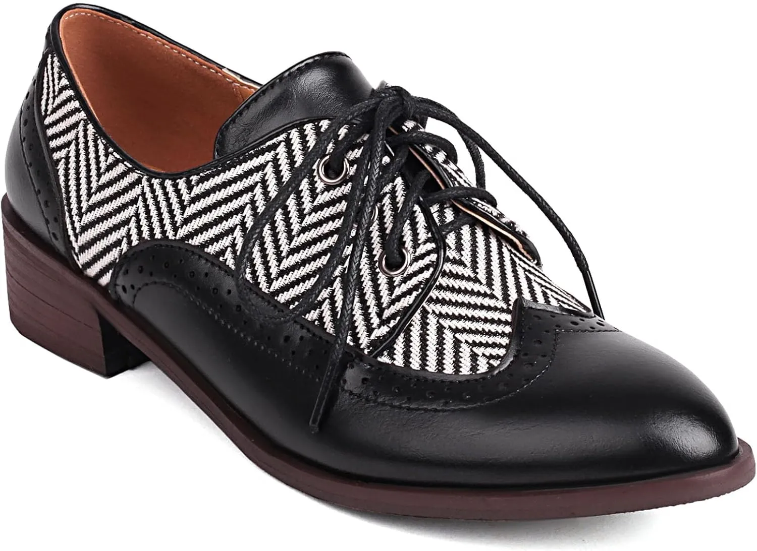 SHEMEE Women's Two Tone Oxfords Saddle Shoes Vintage Perforated Wingtip Brogues Laced Chunky Low Heels Pumps