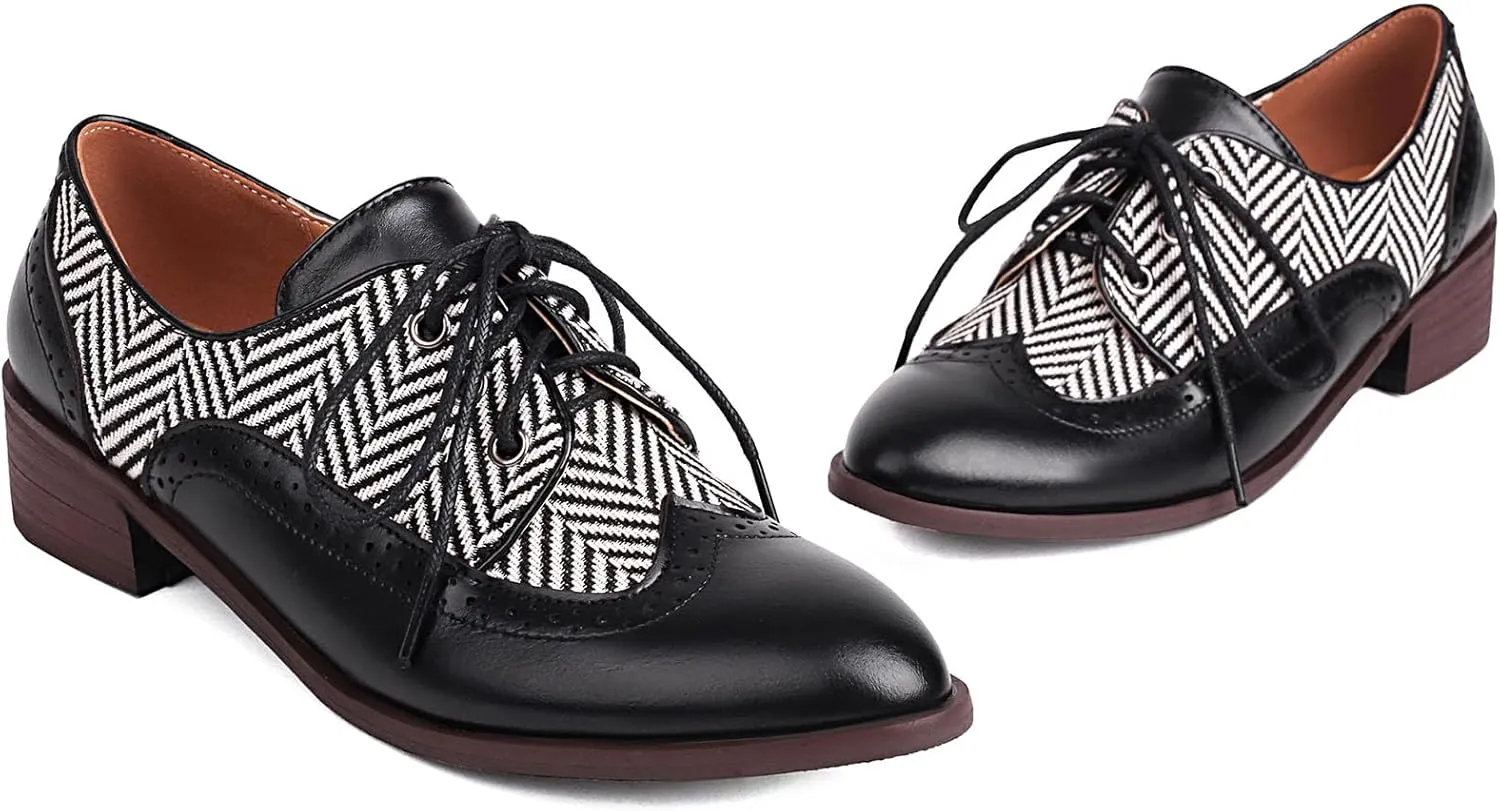 SHEMEE Women's Two Tone Oxfords Saddle Shoes Vintage Perforated Wingtip Brogues Laced Chunky Low Heels Pumps