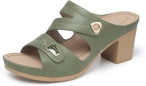 SHIBEVER Women's Summer Sandals, Low Wedge Block Heels, Comfortable PU Leather, Slip-On, Open Toe, Dressy & Casual