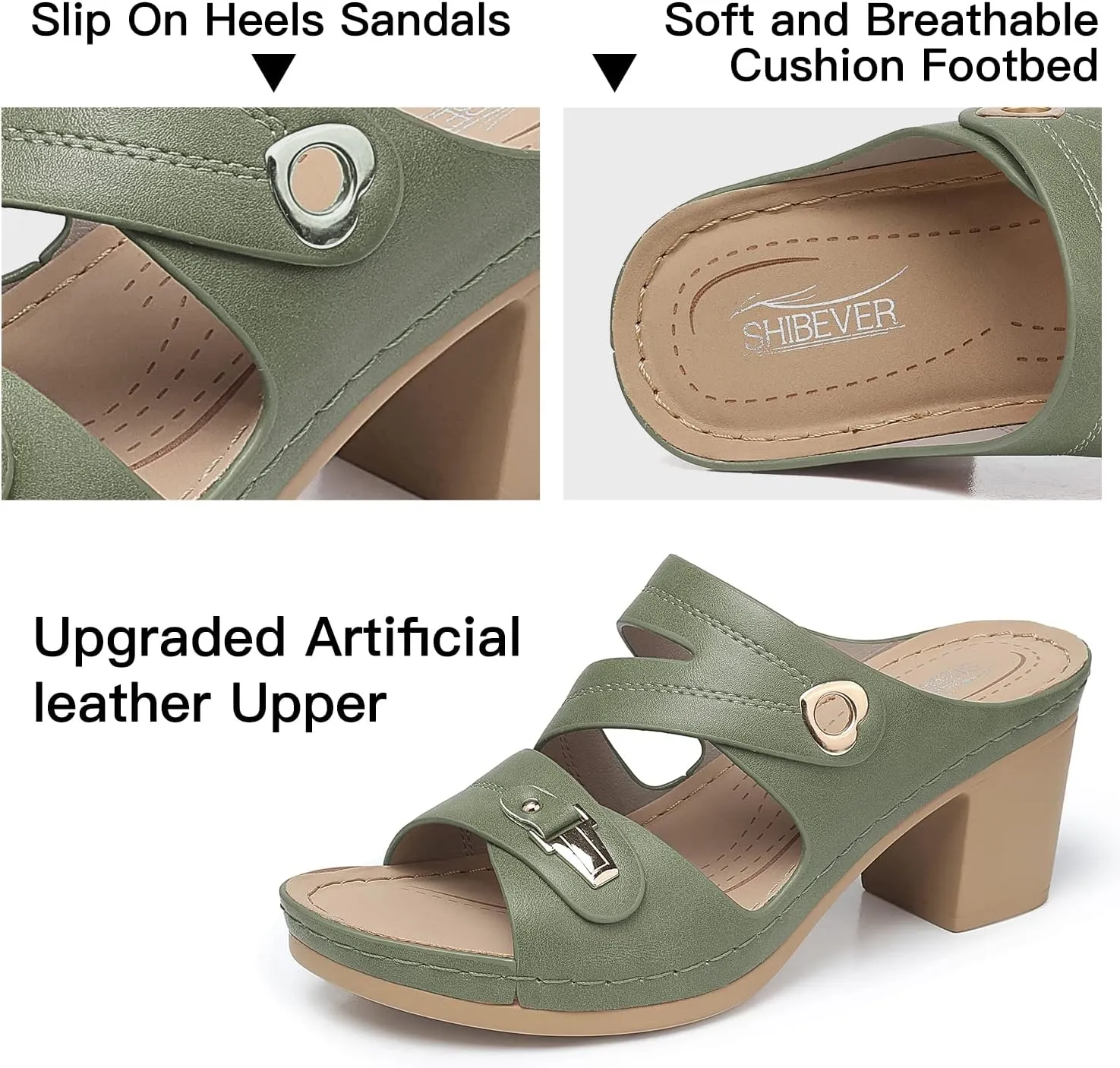SHIBEVER Women's Summer Sandals, Low Wedge Block Heels, Comfortable PU Leather, Slip-On, Open Toe, Dressy & Casual