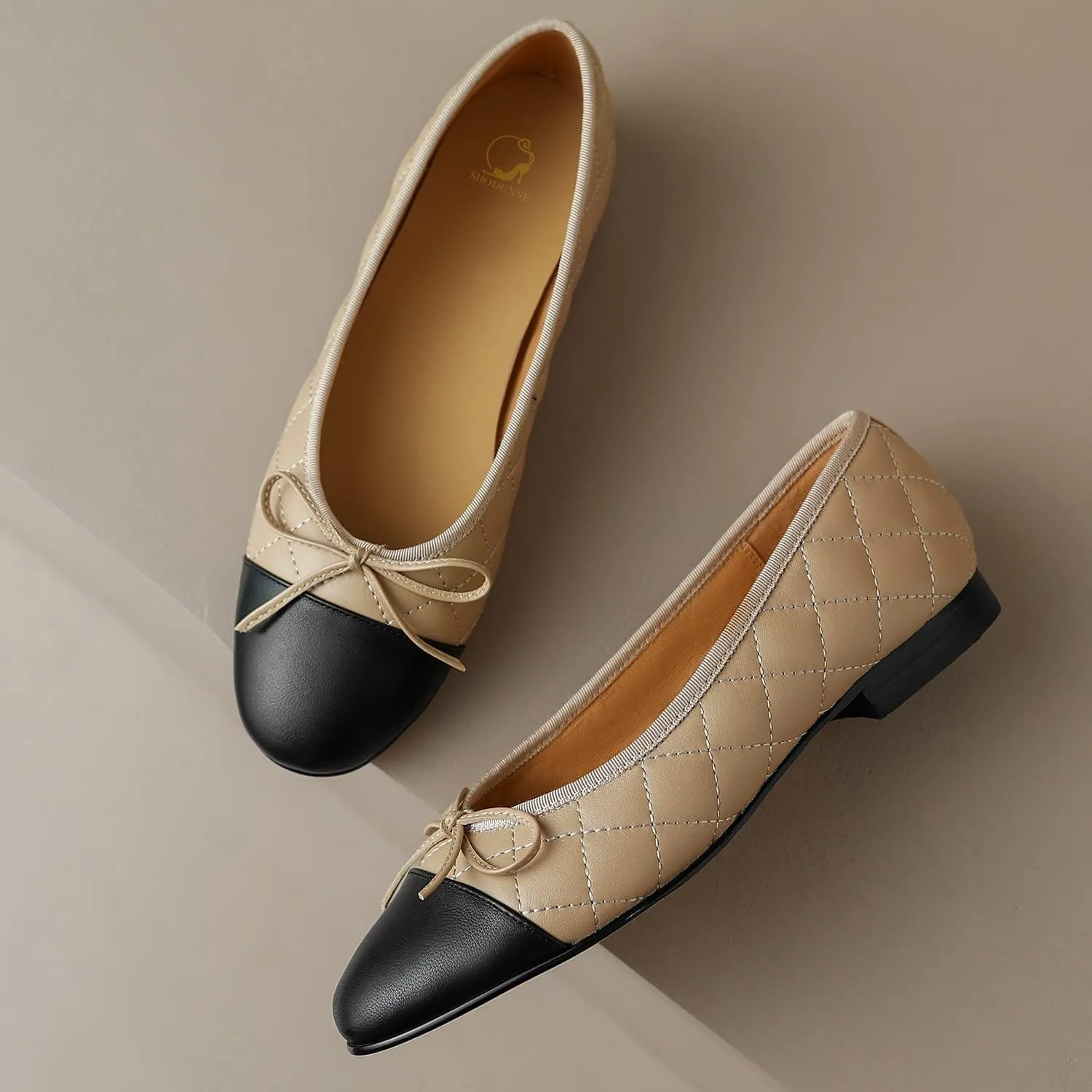 SHODENSE Women Cap Toe Bow Flats Two Tone Slip On Ballet Flats Comfy Closed Round Toe Flats Colorblock 1 Inch Low Flat Heel Dress Shoes Chic Chic Casual Drive Flat Shoes 4-11 M US