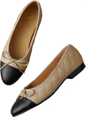 SHODENSE Women Cap Toe Bow Flats Two Tone Slip On Ballet Flats Comfy Closed Round Toe Flats Colorblock 1 Inch Low Flat Heel Dress Shoes Chic Chic Casual Drive Flat Shoes 4-11 M US