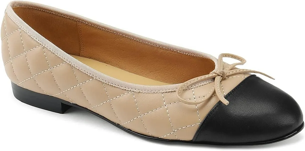 SHODENSE Women Cap Toe Bow Flats Two Tone Slip On Ballet Flats Comfy Closed Round Toe Flats Colorblock 1 Inch Low Flat Heel Dress Shoes Chic Chic Casual Drive Flat Shoes 4-11 M US