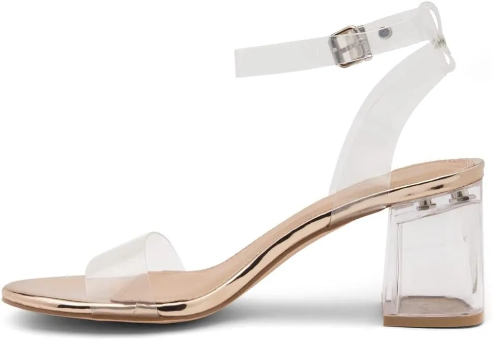 Shoe Land Women's Low Heels – 2.75 Inch Chunky Block Heeled Sandals | Clear Sandals, Open Toe Dressy Short Heels with Ankle Strap for Wedding, Prom & Party
