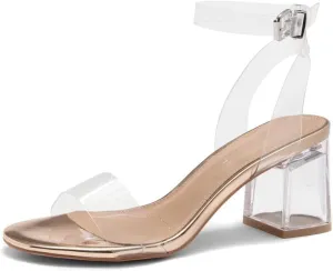 Shoe Land Women's Low Heels – 2.75 Inch Chunky Block Heeled Sandals | Clear Sandals, Open Toe Dressy Short Heels with Ankle Strap for Wedding, Prom & Party