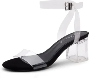 Shoe Land Women's Low Heels – 2.75 Inch Chunky Block Heeled Sandals | Clear Sandals, Open Toe Dressy Short Heels with Ankle Strap for Wedding, Prom & Party