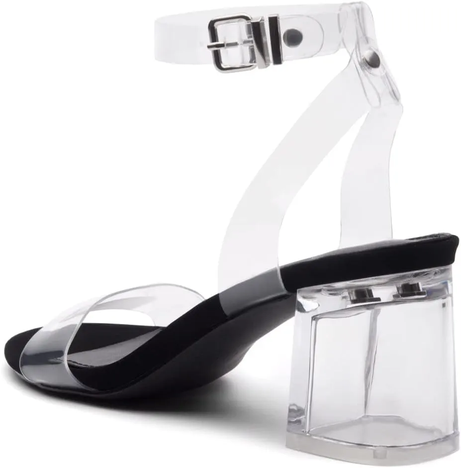 Shoe Land Women's Low Heels – 2.75 Inch Chunky Block Heeled Sandals | Clear Sandals, Open Toe Dressy Short Heels with Ankle Strap for Wedding, Prom & Party